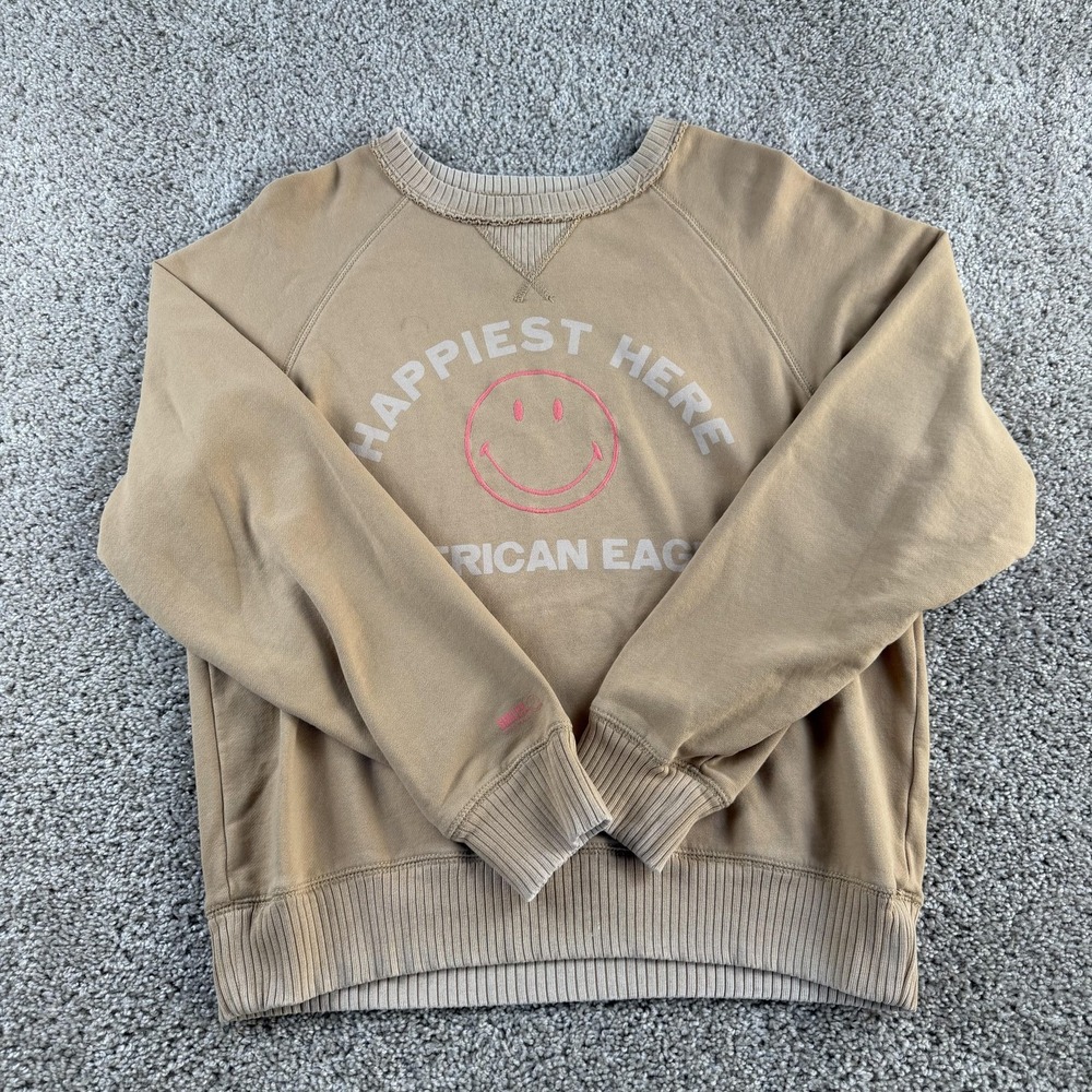 American Eagle Sweatshirt Womens Small Beige Fleece Pullover Smiley Face Graphic
